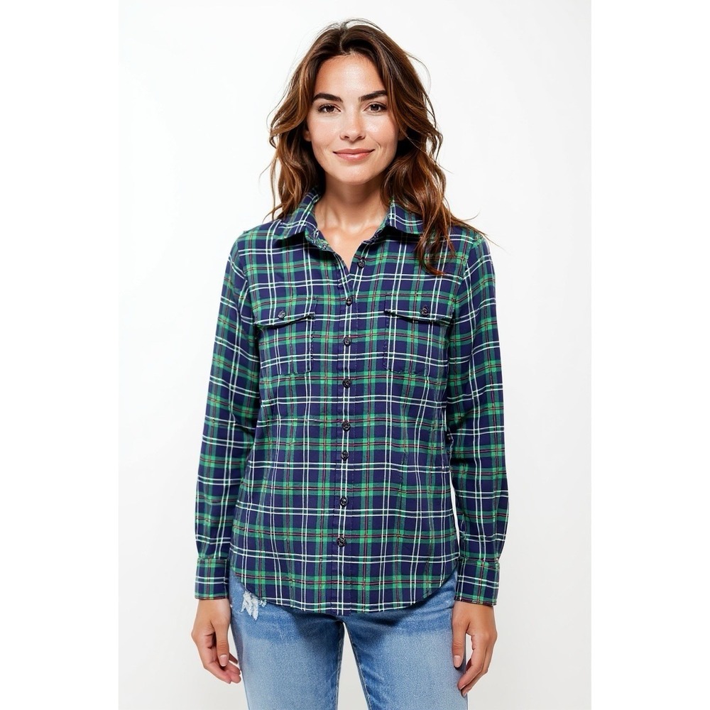 Vineyard Vines Flannel Shirt Womens 4 Green Blue Plaid Button Up Roll Tab Sleeve